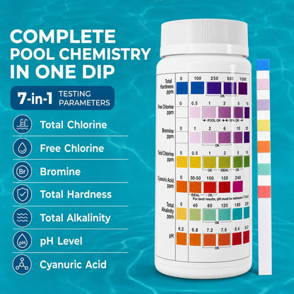 7 in 1 Pool Test Strips (150 Strips) - Easy to Use Water Testing Kit for Pool, Spa, Hot Tub & More - Tester Strip for Water Hardness, Chlorine, Bromine, pH, Alkalinity and Cyanuric Acid
